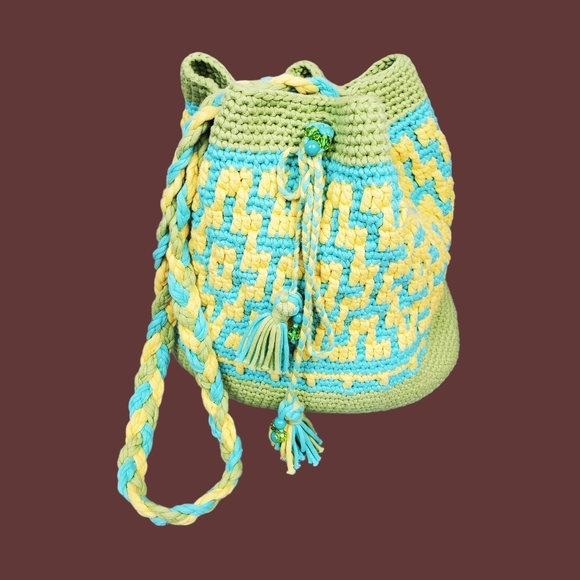Handbags - Blue Green Yellow Multicolor Crochet Bucket Bag Size OS